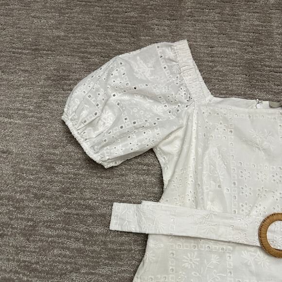 Ann Taylor Loft Dress Women 12 White Eyelet Lace Belted Puff Sleeve Resort Beach - Picture 4 of 15